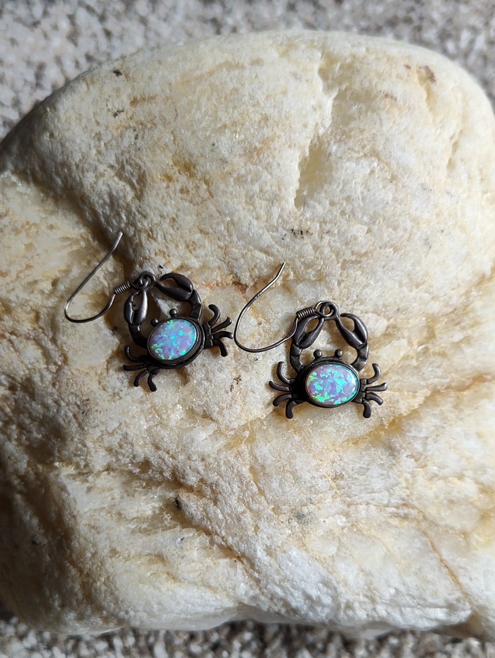 925 Stamped Silver Dangling Crab Earrings With Opalescent Stone